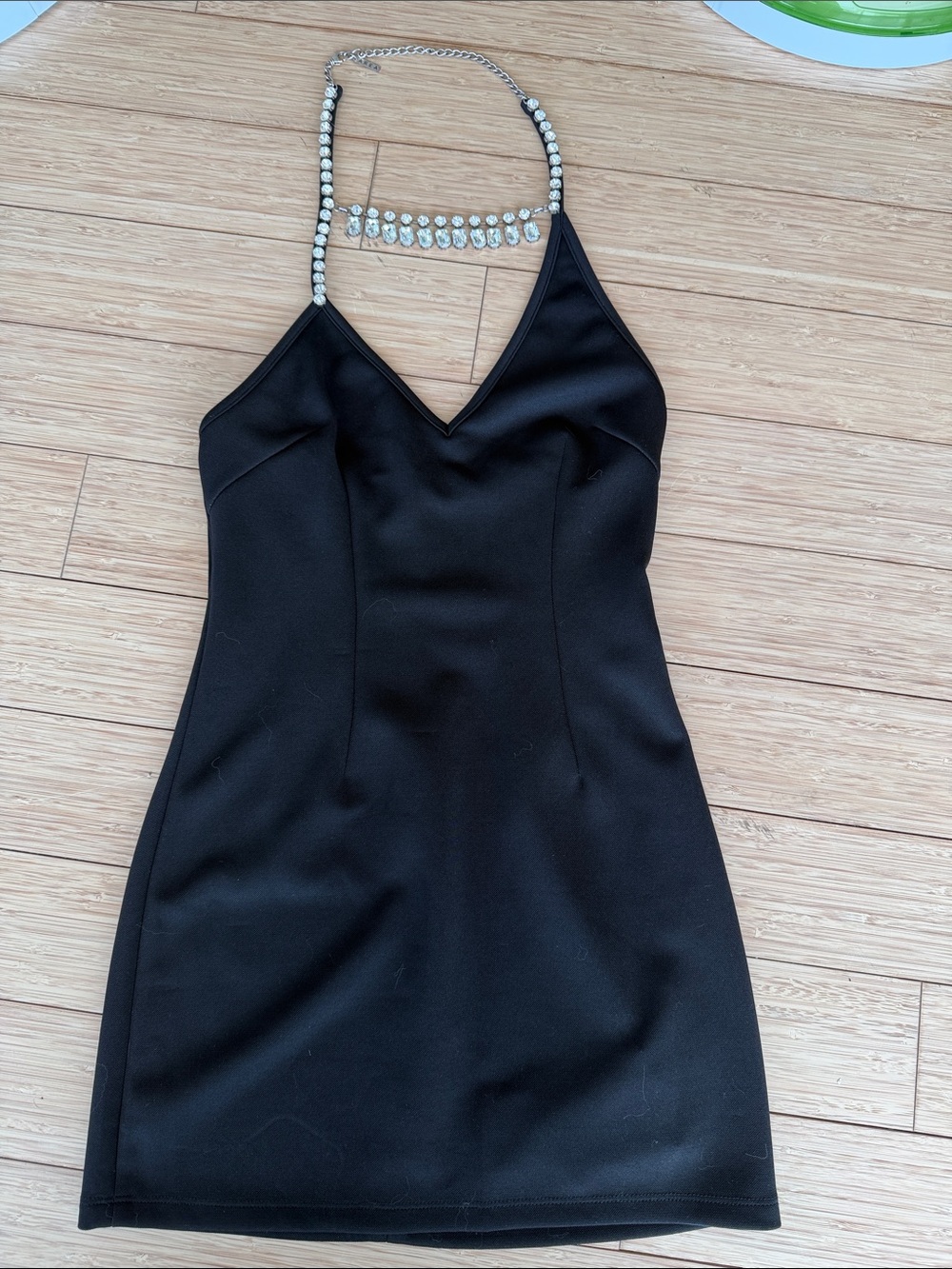 AREA Black V-Neck Sleeveless Mini Dress with Jewel Halter